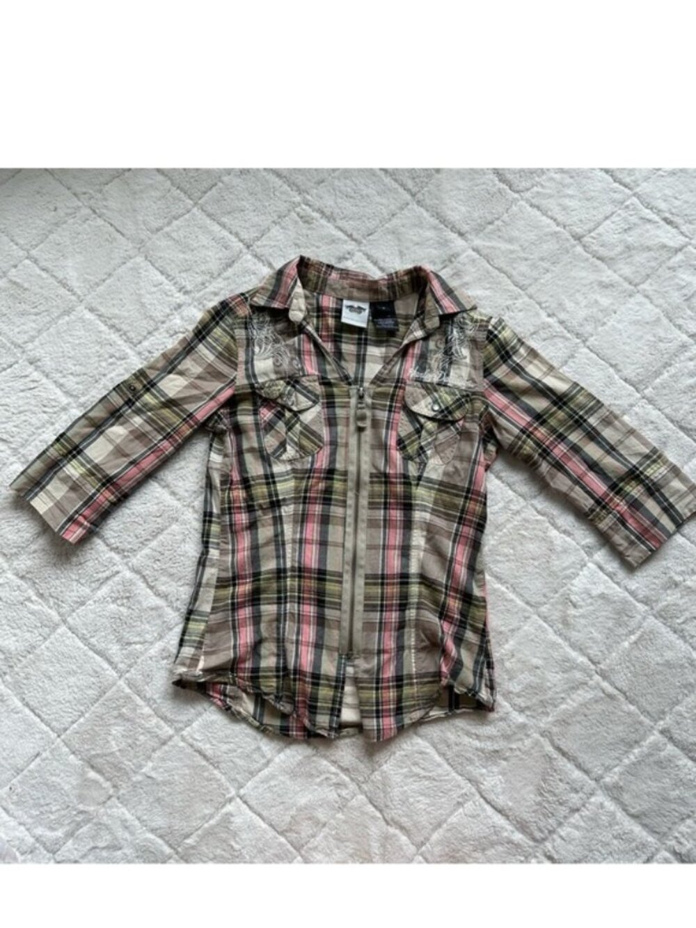 Harley Davidson | Vintage Pink Plaid Embellished Front Zip Shirt | Size Small